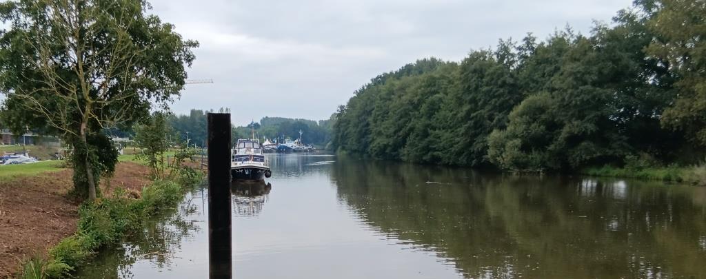 Im Hintergrund die Berufsschifffahrt und Werft